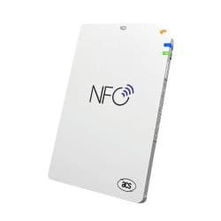 White NFC reader with a sleek design, featuring the "NFC" logo prominently, and colored tabs in blue, green, and orange on the top edge, made by ACS.