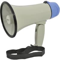 Beige Adastra LO1 megaphone with blue accents, black strap, and built-in siren.