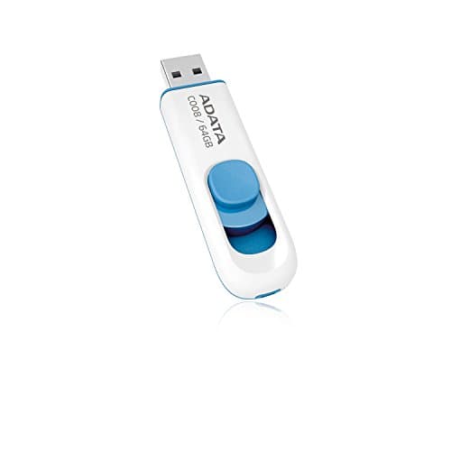 ADATA 64GB C008 USB flash drive in blue and white, featuring a sliding cover mechanism and USB Type-A 2.0 compatibility.