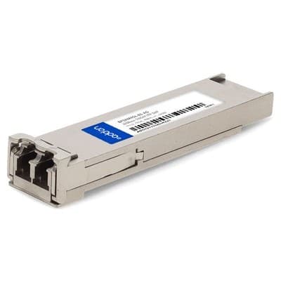 Silver metal network transceiver module with two optical connectors, labeled with a blue AddOn Networks logo and a barcode on the side.