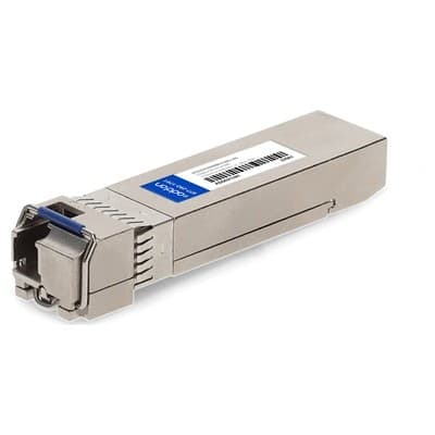 Silver metal network transceiver module with a blue latch and a barcode label, labeled "HCD25D10I0000-0-BXU-AO" by AddOn Networks, designed for optical connectivity.