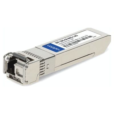 SFP-10G-ER-BXD-I-AO network transceiver module in silver metal casing with a rectangular shape, featuring a connector at one end and a label on the side.