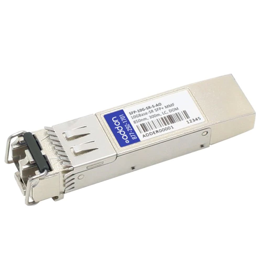 Silver metal SFP+ module with a blue label, featuring a connector at one end and ventilation slots, designed for 10GBASE-SR fiber optic connections.