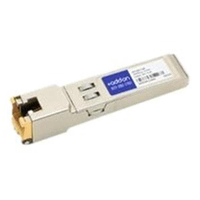 Cisco GLC-T-10G compatible SFP+ transceiver in silver metal casing with gold-plated connectors, featuring an RJ-45 port for 10G Ethernet connectivity.
