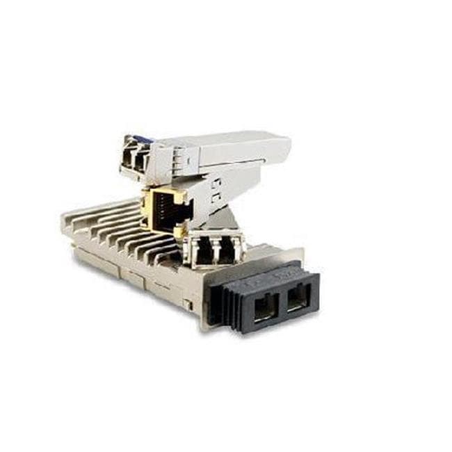 Silver and black Cisco-compatible SFP28 transceiver with a compact design, featuring a metal casing and two optical ports for 25Gbase-LR connectivity.