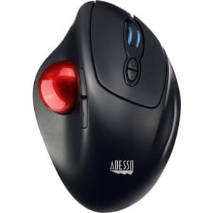 Black ergonomic wireless trackball mouse with a red trackball, featuring programmable buttons and a blue optical sensor on top.