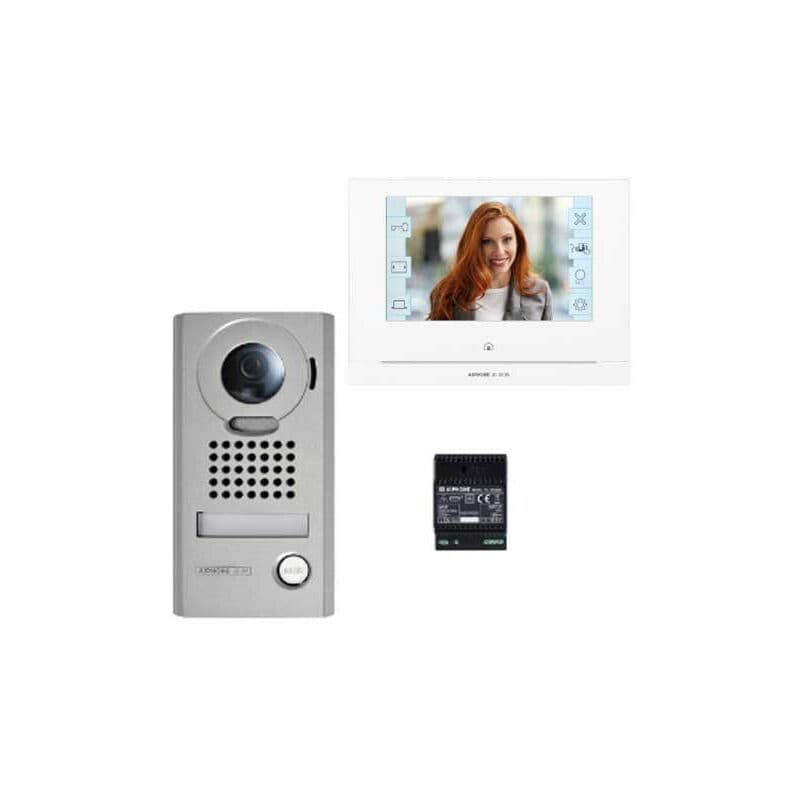 Silver and white Aiphone JOS-1VW video intercom system featuring a 7-inch screen, a sleek design, and a camera unit with a speaker and button.