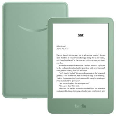 Light green Amazon Kindle e-reader with a sleek design, featuring a touchscreen display showing text on a page, ideal for reading e-books.