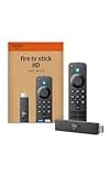Black Amazon Fire TV Stick HD with Alexa Voice Remote, featuring circular navigation pad and power button.