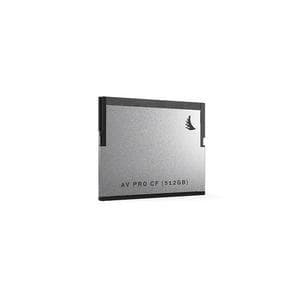Silver CFast 2.0 card with a sleek design, featuring the "AV PRO CF" label and a logo, indicating a storage capacity of 512 GB.