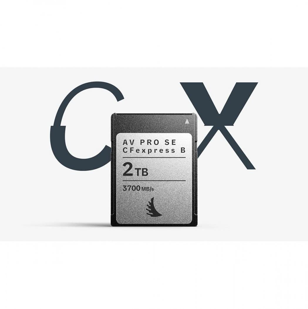 AV PRO CFexpress B memory card by Angelbird Technologies, featuring a sleek black and silver design, 2TB capacity, and a read speed of 3700 MB/s.