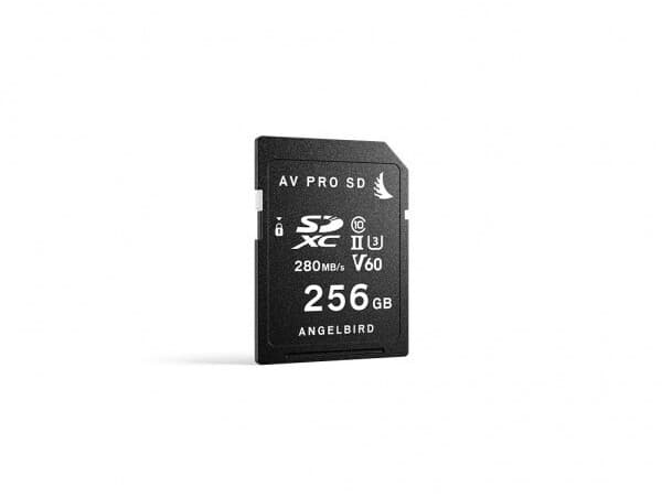 Black SD card labeled "AV PRO SD" with a capacity of 256 GB and UHS-II V60 speed, featuring a sleek design and a logo of Angelbird Technologies.