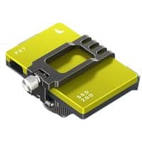 Yellow aluminum Angelbird memory card case for 1 card, with black metal clip and engraved branding.