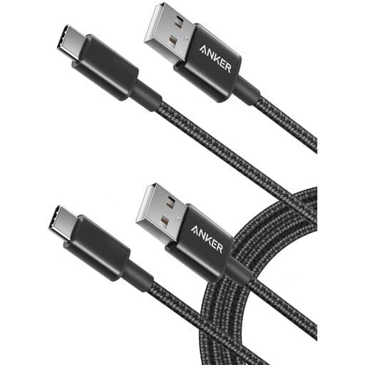 Two 3ft black double-braided nylon USB-C to USB-A 2.0 cables by Anker, featuring durable connectors and a sleek design for reliable charging and data transfer.