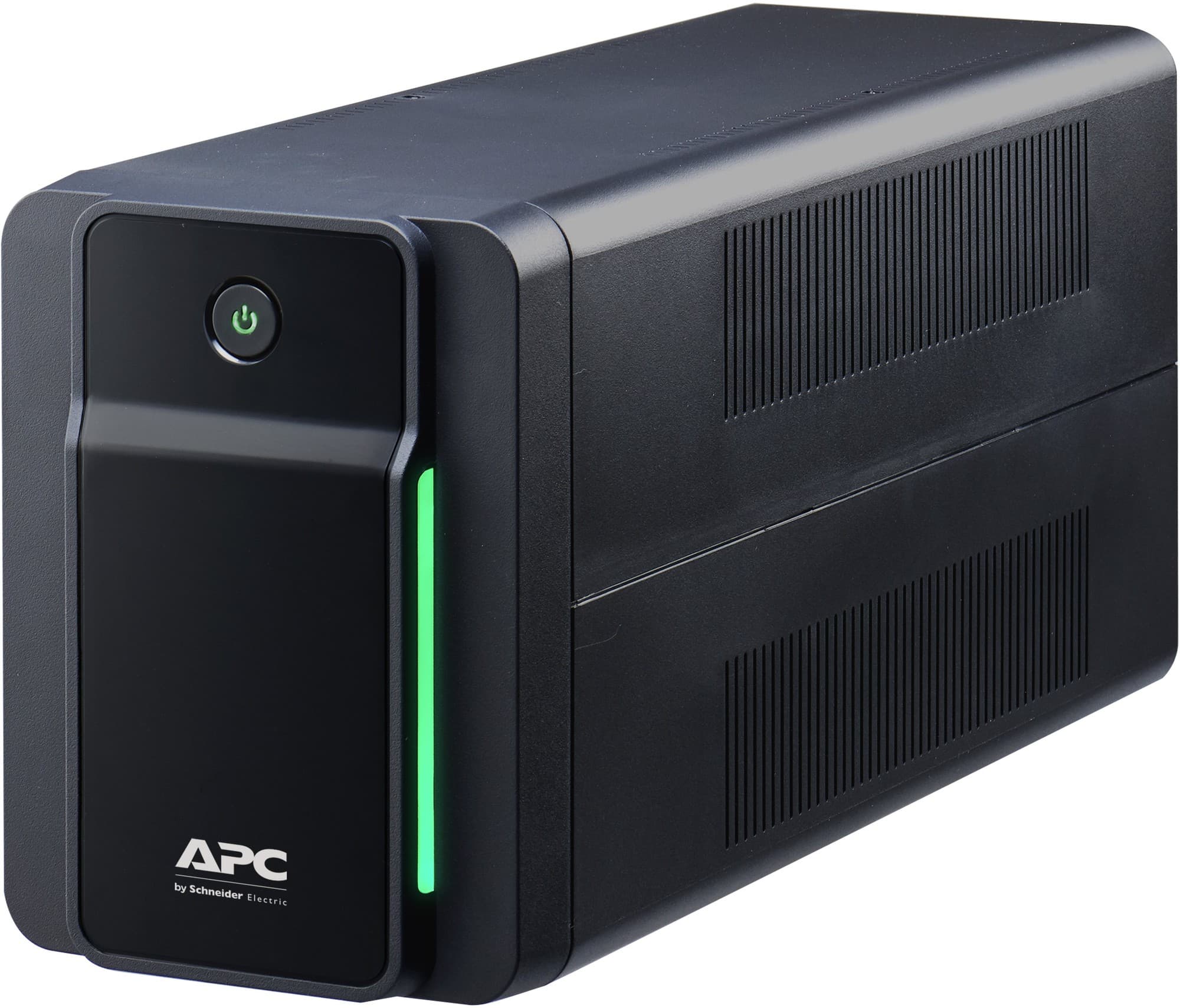 Black tower UPS with a sleek design, featuring a power button with a green LED indicator, and multiple French Schuko outlets on the back.