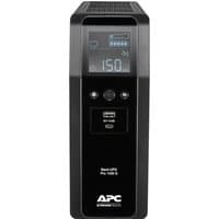 Black APC Back-UPS Pro tower with LCD display, 8 IEC C13 outlets, USB Type A+C ports, and user-replaceable battery.