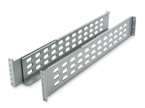 Gray metal 4-post rackmount rails with multiple ventilation holes, designed for mounting equipment securely in a server rack.