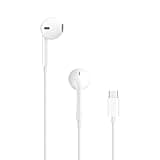 White Apple EarPods with USB-C connector, featuring in-ear design and built-in remote control.