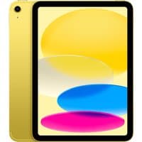 Yellow Apple iPad 11-inch Wi-Fi + Cellular, 256GB, with sleek design and vibrant display showing colorful abstract shapes.