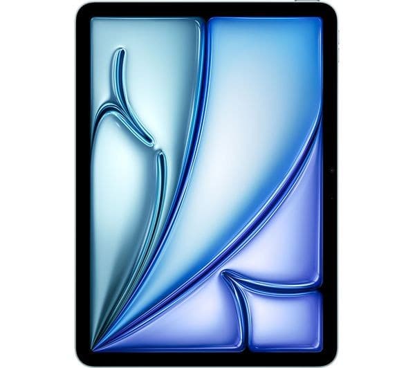 Apple iPad Air 11-inch M2 (2024) in a sleek design featuring a vibrant blue and silver abstract background, showcasing its smooth glass surface and thin profile.