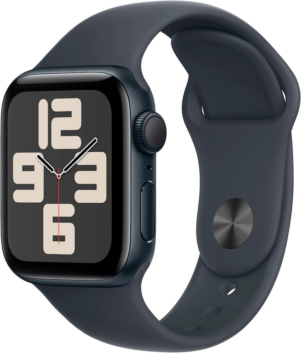 Apple Watch SE GPS 40mm features a midnight aluminum case, a midnight sport band, and a digital display with bold numbers in a sleek design.