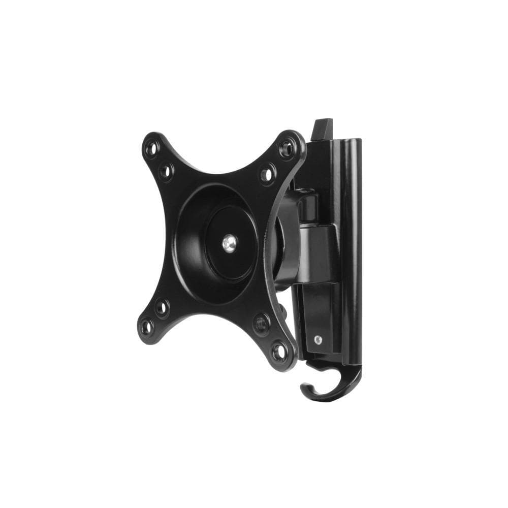 Black metal monitor wall mount with a VESA-compatible bracket, featuring multiple mounting holes and a hook for cable management.