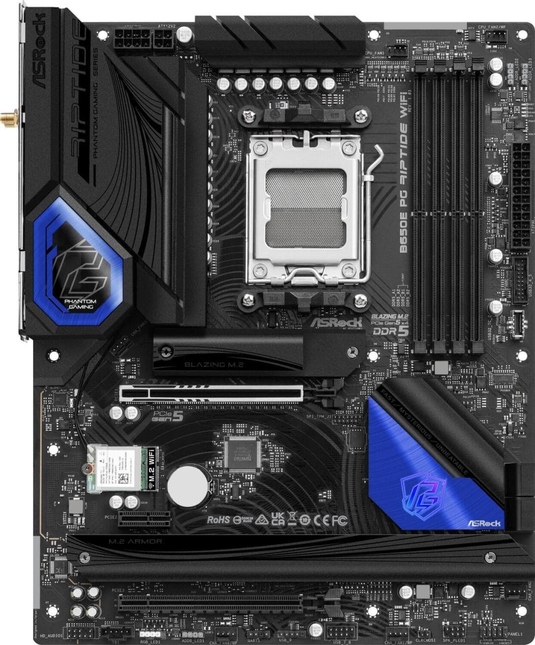 Black motherboard with blue accents, featuring an LGA socket, multiple DDR5 slots, M.2 connectors, and a sleek design, labeled "ASRock 650E PG Ripide Wifi Md."