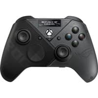 Black ASUS ROG Raikiri Pro gamepad with textured grips, dual analog sticks, and colorful action buttons.