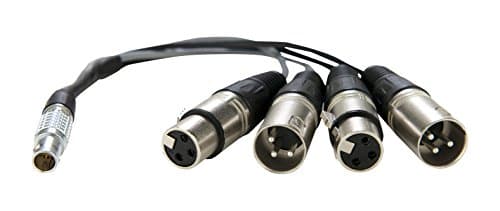 LEMO to XLR breakout cable featuring a silver LEMO connector on one end and four black XLR connectors on the other, designed for Atomos Shogun devices.