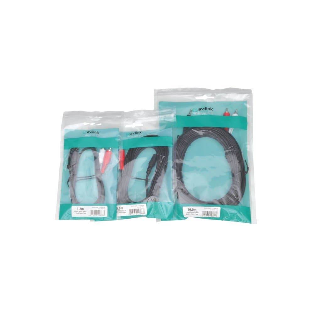 Black AV Link audio cable, 1.2 meters long, featuring a 3.5mm jack and two RCA connectors, packaged in a clear plastic bag with green branding.