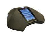 Avaya B189 IP Conference Phone features a sleek black design with a large touchscreen interface and multiple buttons for call management, ideal for conference settings.