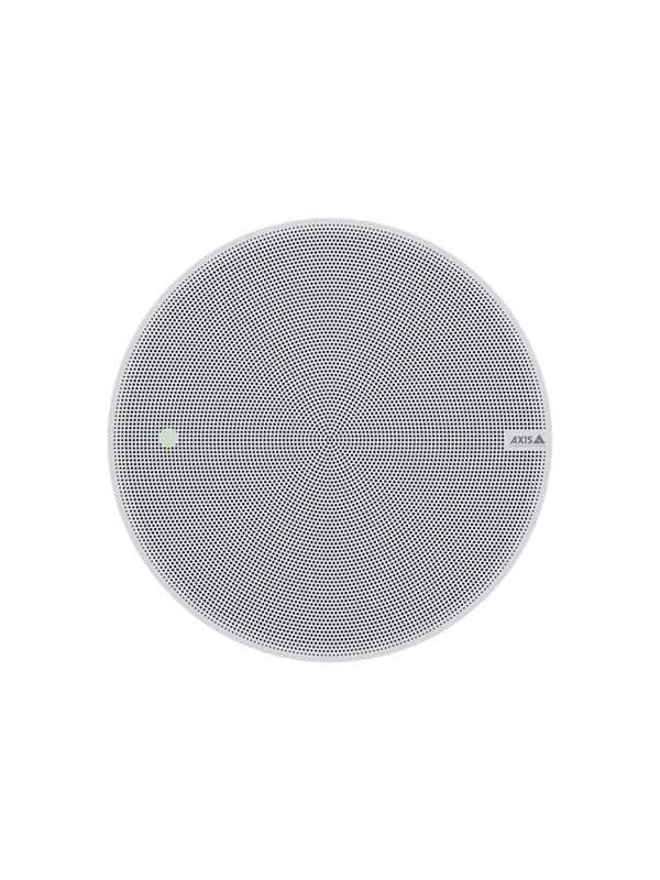 Round white ceiling speaker with a perforated metal grille, featuring a subtle AXIS logo and a sleek, minimalist design suitable for modern interiors.