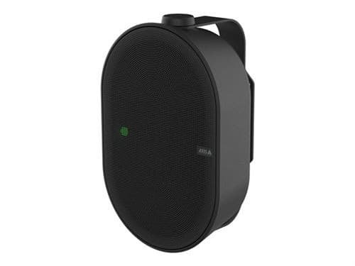 Black 2-way speaker with a sleek oval design, featuring a textured grille, a green indicator light, and a sturdy mounting bracket for easy installation.