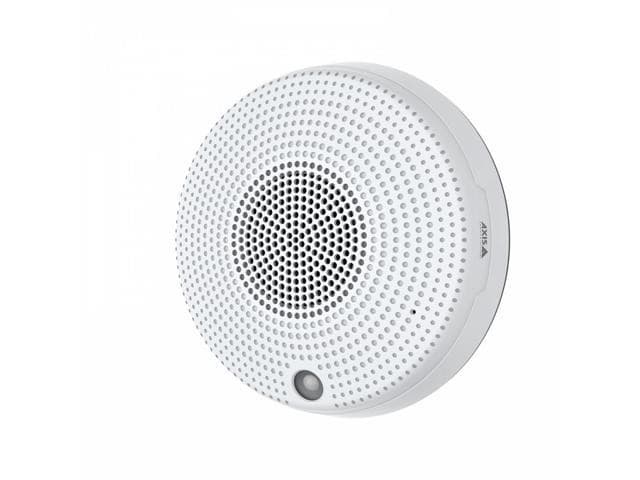 Round, white 2-way wired mini speaker with a textured mesh grille and a small control button, featuring a sleek, modern design suitable for various settings.