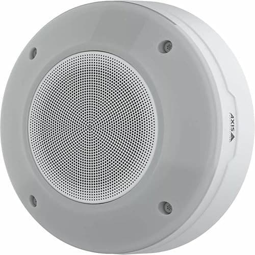 Round, white ceiling speaker with a perforated metal grille, featuring a sleek design and four mounting holes for easy installation, labeled with the AXIS logo.