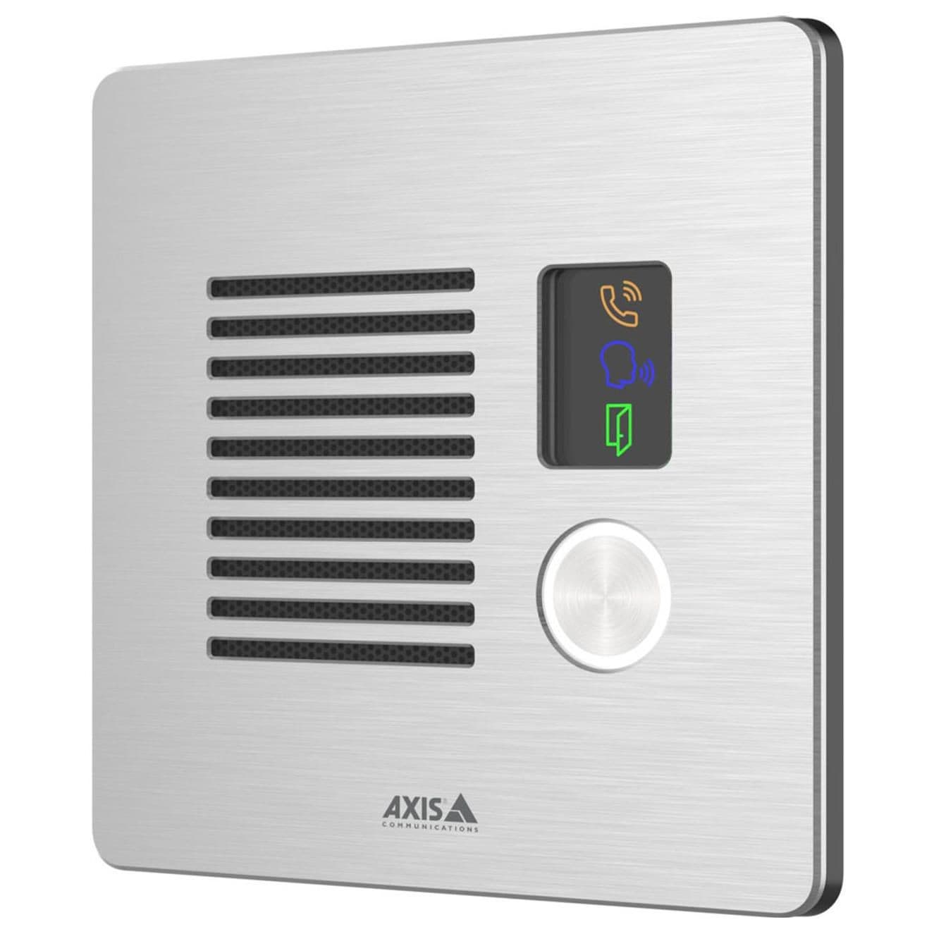 Stainless steel intercom with a sleek design, featuring a speaker grille, call button, and indicator lights on a brushed metal surface, branded with AXIS logo.