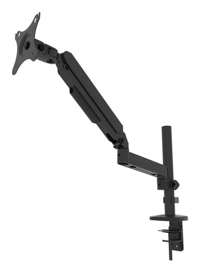Black B-Tech BT7351/B monitor mount with an adjustable arm, designed for 32" screens, featuring a sturdy clamp for desk attachment and a VESA-compatible mounting plate.