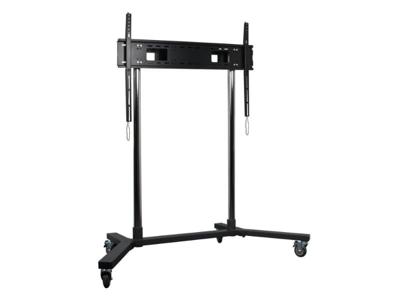 Black mobile TV stand with a sturdy metal frame, adjustable height for 65" screens, and four rolling casters for easy mobility.