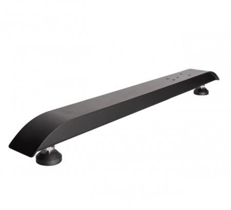 Black metal floor stand with a sleek, curved design and adjustable feet, designed for stability and compatibility with B-Tech BT8380.