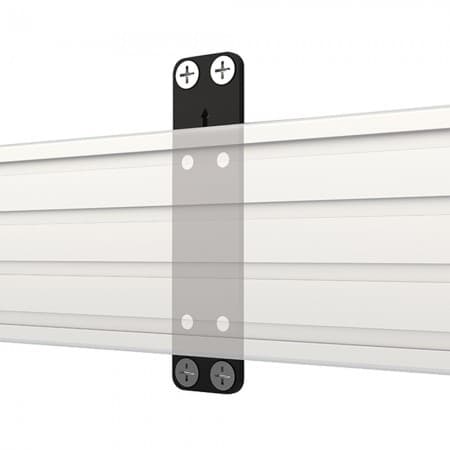 Black rail mounting bracket with four screw holes, designed for B-Tech SYSTEM X, featuring a sleek design and a 5mm distance from the wall.