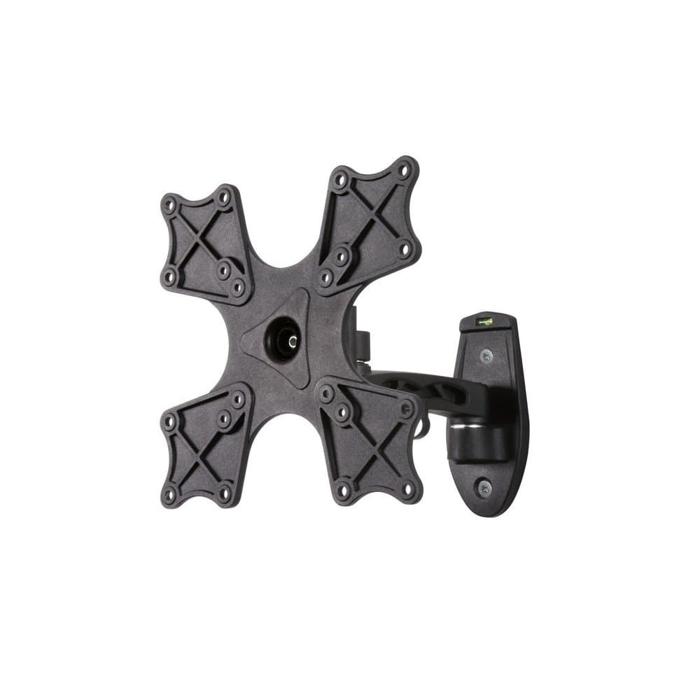 Black tilt and swivel single arm TV wall mount for screens up to 42 inches, featuring a sturdy design with multiple mounting points and a built-in level indicator.