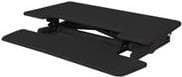 Black adjustable sit-stand desk riser with a sleek design, featuring two platforms for keyboard and monitor, made from durable material for ergonomic use.