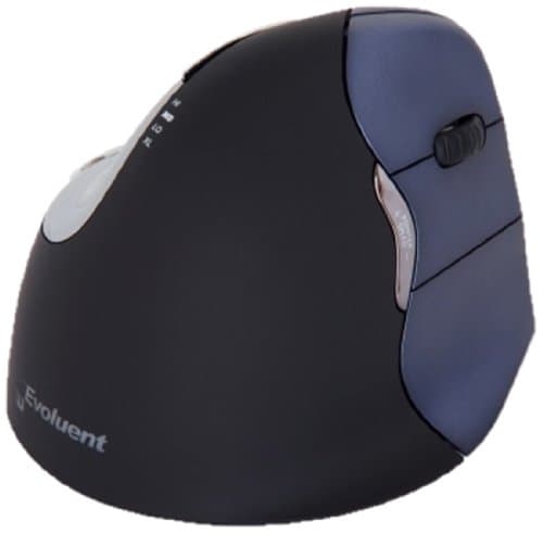 Right-hand ergonomic wireless mouse in black with a sleek design, featuring programmable buttons, a scroll wheel, and a comfortable grip for improved hand positioning.