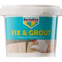 White tub of Bartoline Fix & Grout 500g with blue label, waterproof for ceramic wall tiles.