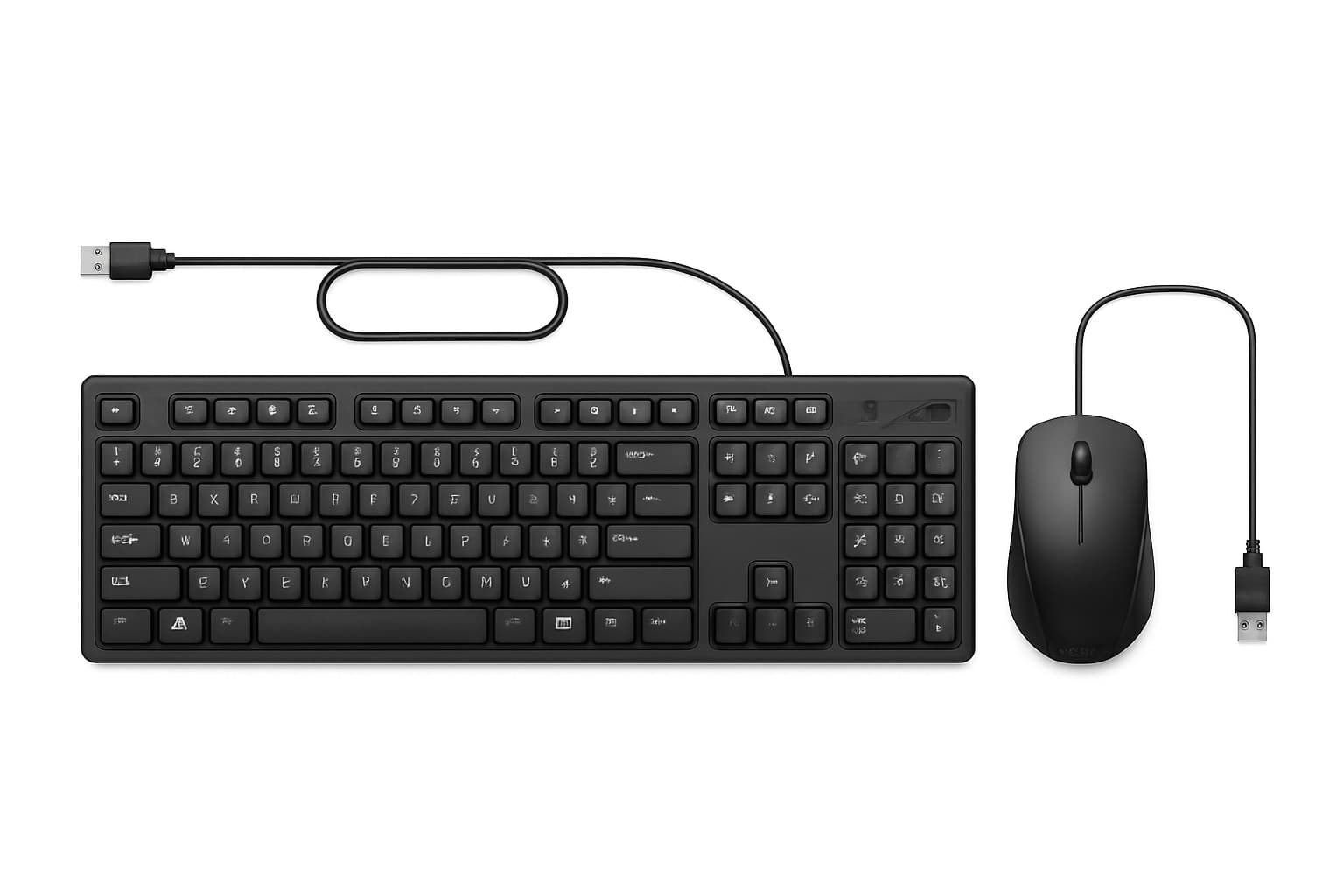 Black USB QWERTY keyboard with a sleek design, featuring low-profile keys, and a matching black wired mouse, both with a standard USB connector.