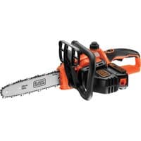 Black + Decker cordless chainsaw, orange and black with 18V battery, ergonomic handle, and 25cm cutting bar.