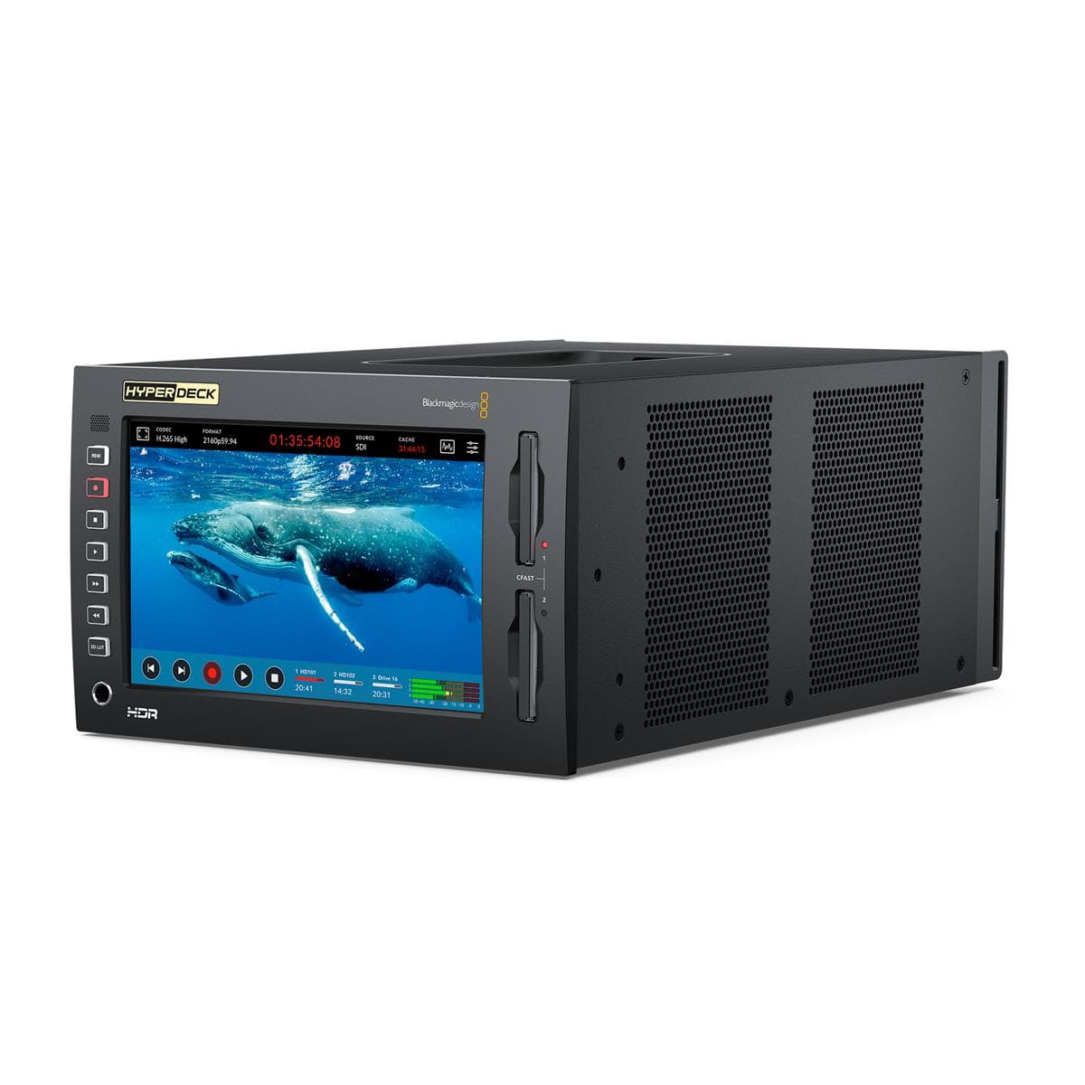 Black Blackmagic Design HYPERD/RSTEX4KHDR Digital Video Recorder featuring a large front touchscreen, control buttons, and ventilation grilles on the sides.
