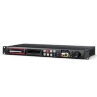 Blackmagic Design Hyperdeck Studio HD Pro in black metal, featuring a red panel, multiple control buttons, a large knob, and slots for media cards.