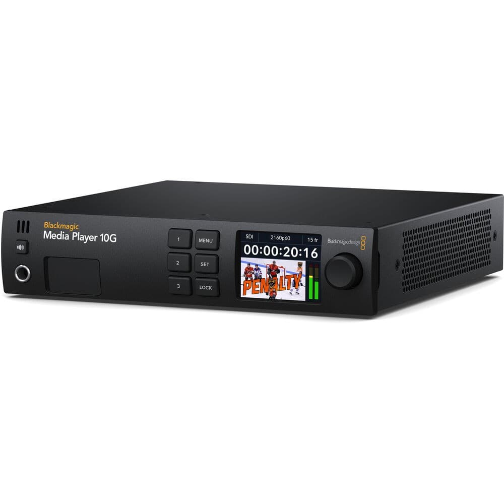 Blackmagic Design Media Player 10G features a sleek black metal casing, a front panel with buttons, a small display screen, and a Thunderbolt port for video capturing.