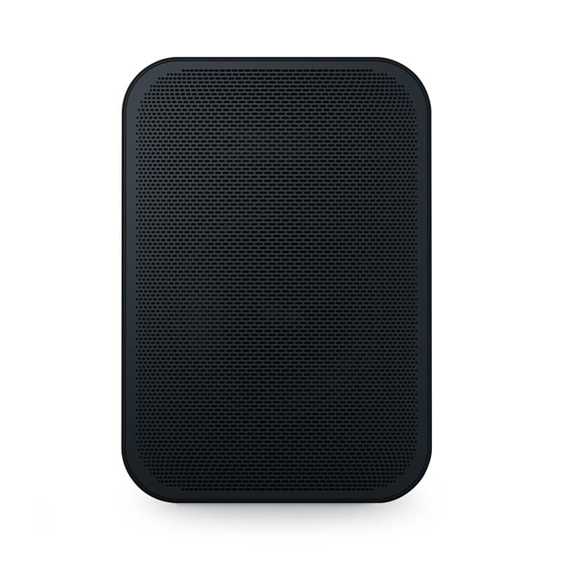 Compact black network streaming speaker with a textured front grille, rounded edges, and a minimalist design, ideal for professional audio applications.